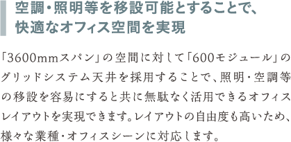 空調・照明等を移設可能とすることで、快適なオフィス空間を実現。「3600mmスパン」の空間に対して「600モジュール」のグリッドシステム天井を採用することで、照明・空調等の移設を容易にすると共に無駄なく活用できるオフィスレイアウトを実現できます。レイアウトの自由度も高いため、様々な業種・オフィスシーンに対応します。